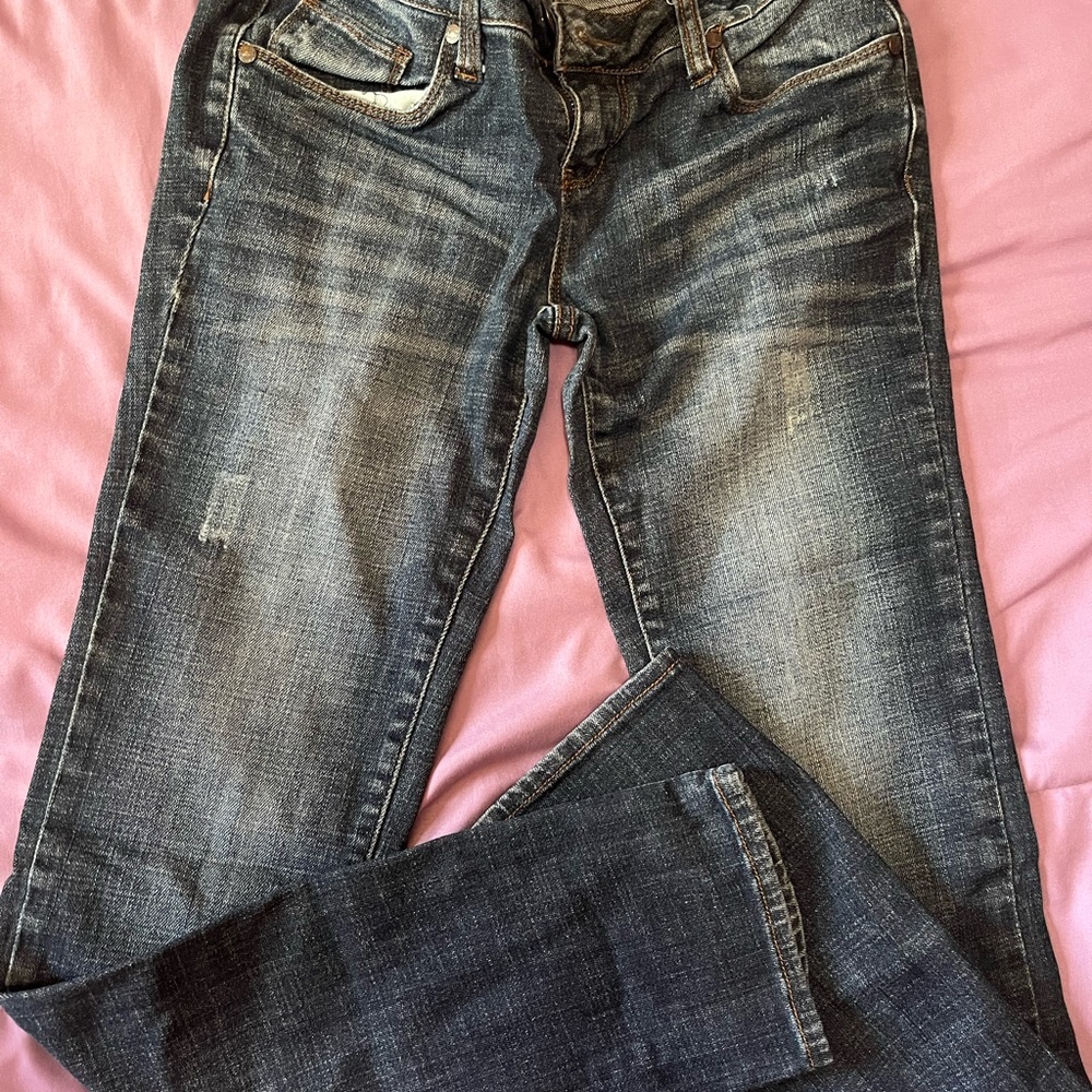 Blue Straight Leg Jeans with Distressed Details